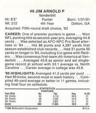 1986 McDonald's Kansas City Chiefs #NNO Jim Arnold Back