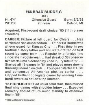 1986 McDonald's Kansas City Chiefs #NNO Brad Budde Back