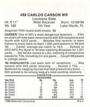 1986 McDonald's Kansas City Chiefs #NNO Carlos Carson Back