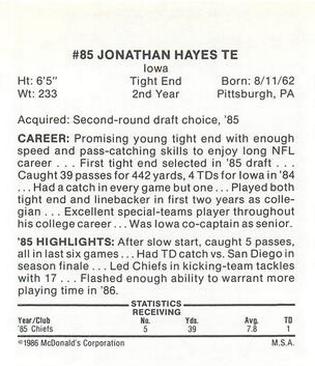 1986 McDonald's Kansas City Chiefs #NNO Jonathan Hayes Back