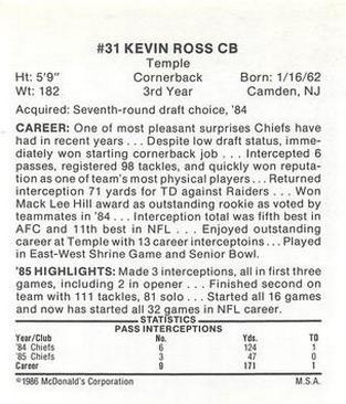 1986 McDonald's Kansas City Chiefs #NNO Kevin Ross Back