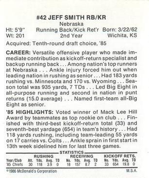 1986 McDonald's Kansas City Chiefs #NNO Jeff Smith Back