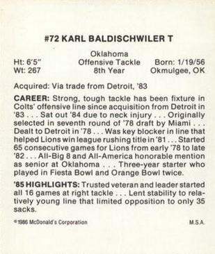 1986 McDonald's Indianapolis Colts #NNO Karl Baldischwiler Back