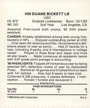 1986 McDonald's Indianapolis Colts #NNO Duane Bickett Back