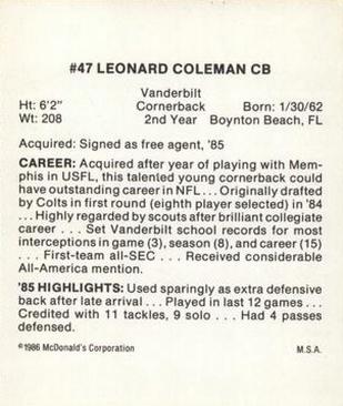 1986 McDonald's Indianapolis Colts #NNO Leonard Coleman Back