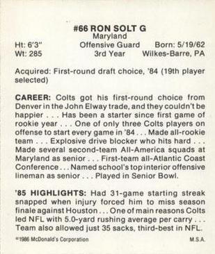 1986 McDonald's Indianapolis Colts #NNO Ron Solt Back