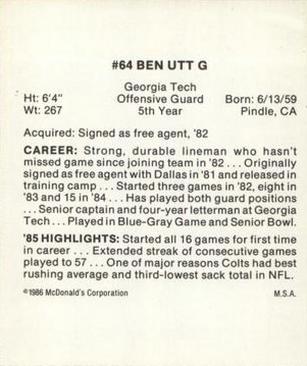 1986 McDonald's Indianapolis Colts #NNO Ben Utt Back
