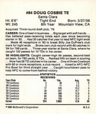 1986 McDonald's Dallas Cowboys #NNO Doug Cosbie Back