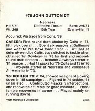1986 McDonald's Dallas Cowboys #NNO John Dutton Back