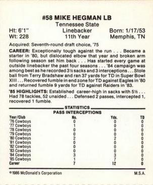 1986 McDonald's Dallas Cowboys #NNO Mike Hegman Back