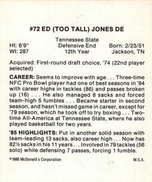 1986 McDonald's Dallas Cowboys #NNO Ed Too Tall Jones Back