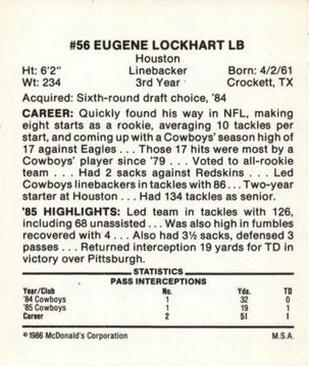 1986 McDonald's Dallas Cowboys #NNO Eugene Lockhart Back