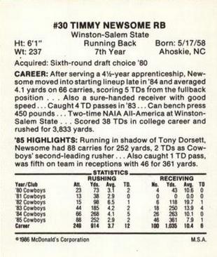 1986 McDonald's Dallas Cowboys #NNO Timmy Newsome Back