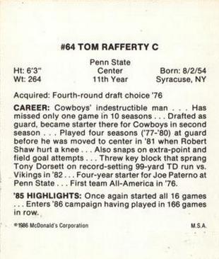 1986 McDonald's Dallas Cowboys #NNO Tom Rafferty Back