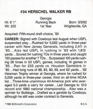 1986 McDonald's Dallas Cowboys #NNO Herschel Walker Back