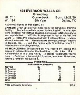1986 McDonald's Dallas Cowboys #NNO Everson Walls Back