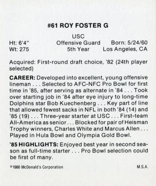 1986 McDonald's Miami Dolphins #NNO Roy Foster Back