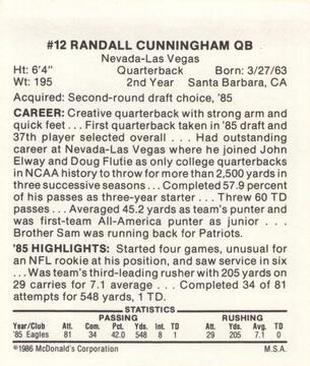 1986 McDonald's Philadelphia Eagles #NNO Randall Cunningham Back
