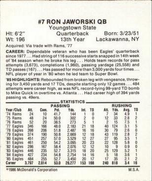 1986 McDonald's Philadelphia Eagles #NNO Ron Jaworski Back