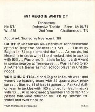 1986 McDonald's Philadelphia Eagles #NNO Reggie White Back