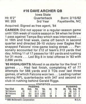 1986 McDonald's Atlanta Falcons #NNO Dave Archer Back