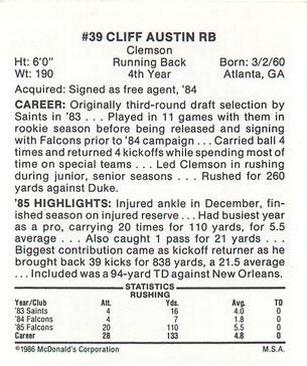 1986 McDonald's Atlanta Falcons #NNO Cliff Austin Back