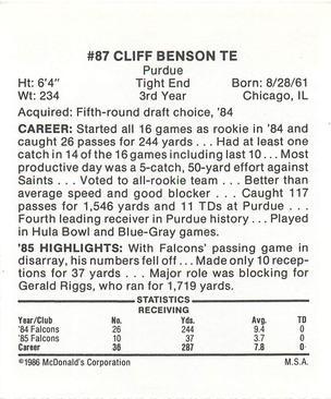 1986 McDonald's Atlanta Falcons #NNO Cliff Benson Back
