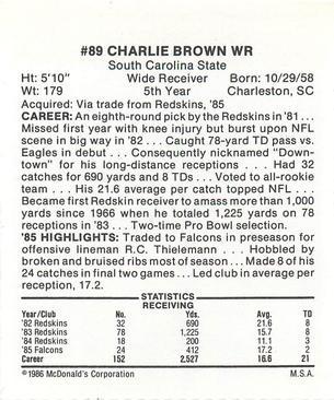 1986 McDonald's Atlanta Falcons #NNO Charlie Brown Back