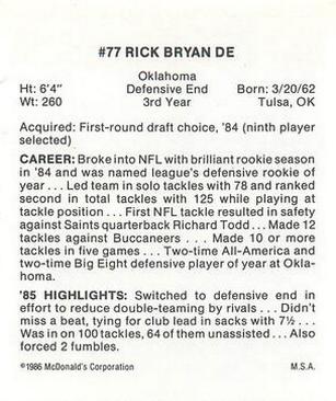 1986 McDonald's Atlanta Falcons #NNO Rick Bryan Back