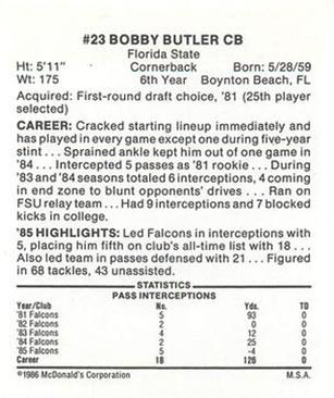 1986 McDonald's Atlanta Falcons #NNO Bobby Butler Back