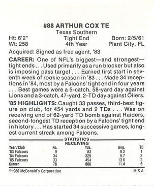 1986 McDonald's Atlanta Falcons #NNO Arthur Cox Back