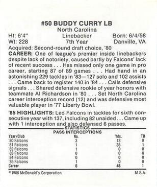 1986 McDonald's Atlanta Falcons #NNO Buddy Curry Back