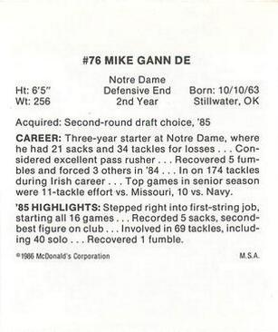 1986 McDonald's Atlanta Falcons #NNO Mike Gann Back