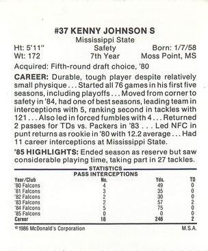 1986 McDonald's Atlanta Falcons #NNO Kenny Johnson Back