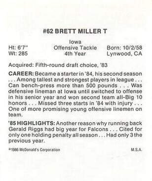 1986 McDonald's Atlanta Falcons #NNO Brett Miller Back