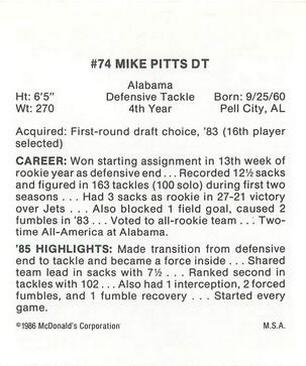 1986 McDonald's Atlanta Falcons #NNO Mike Pitts Back