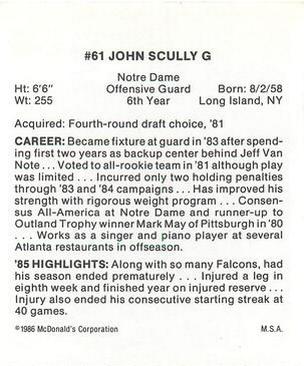 1986 McDonald's Atlanta Falcons #NNO John Scully Back