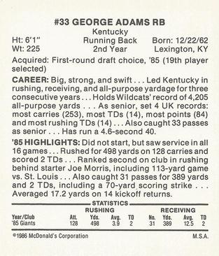1986 McDonald's New York Giants #NNO George Adams Back