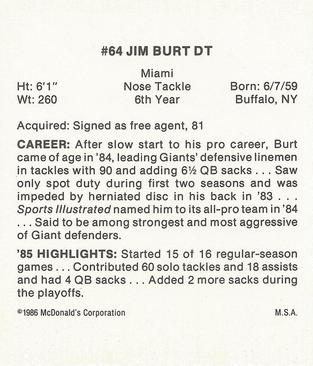1986 McDonald's New York Giants #NNO Jim Burt Back