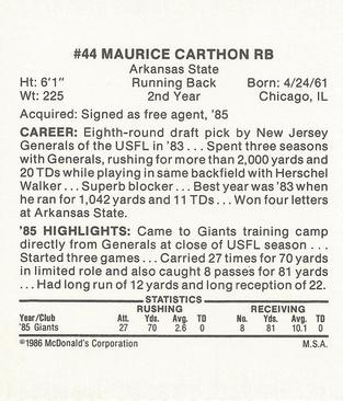 1986 McDonald's New York Giants #NNO Maurice Carthon Back