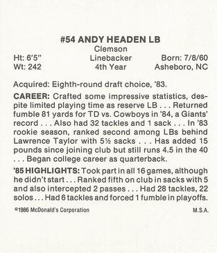 1986 McDonald's New York Giants #NNO Andy Headen Back