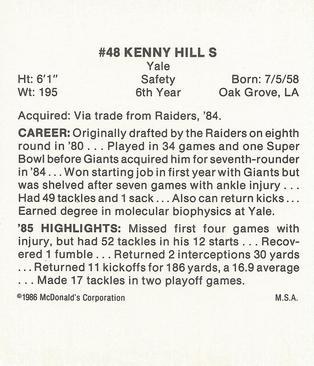 1986 McDonald's New York Giants #NNO Kenny Hill Back