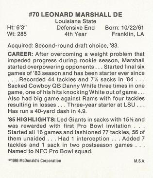 1986 McDonald's New York Giants #NNO Leonard Marshall Back