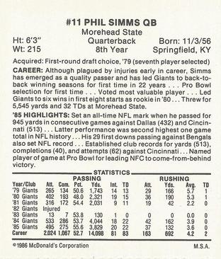 1986 McDonald's New York Giants #NNO Phil Simms Back