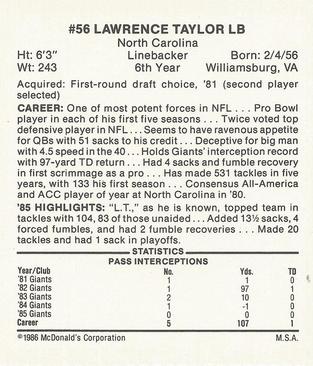 1986 McDonald's New York Giants #NNO Lawrence Taylor Back