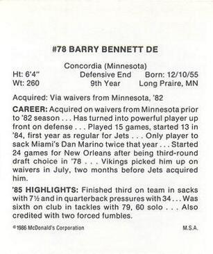 1986 McDonald's New York Jets #NNO Barry Bennett Back