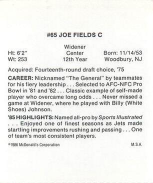 1986 McDonald's New York Jets #NNO Joe Fields Back