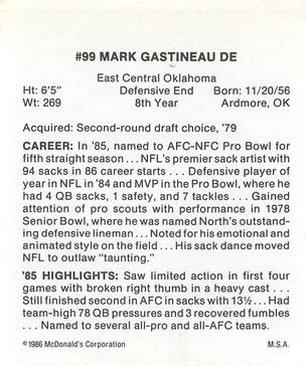 1986 McDonald's New York Jets #NNO Mark Gastineau Back