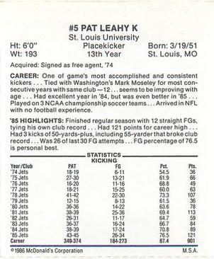 1986 McDonald's New York Jets #NNO Pat Leahy Back