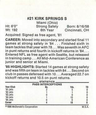 1986 McDonald's New York Jets #NNO Kirk Springs Back